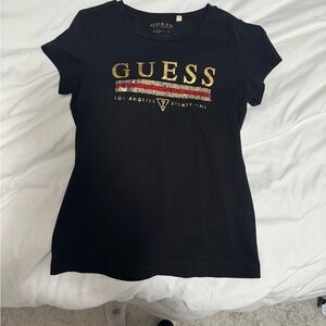 GUESS Women's Black Tee with Gold and Red Accents